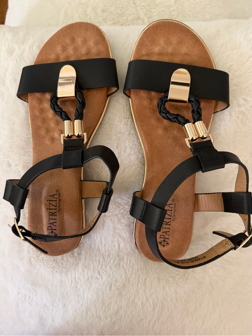 Patrizia Black Braided T-Strap Sandals with Gold Accents
